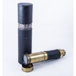 A brass telescope, five section, the outer section with a leather strap,