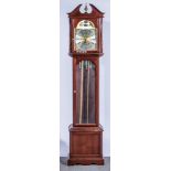 Modern longcase clock with brass weights, 196cm high, 43cm wide, 23cm deep.