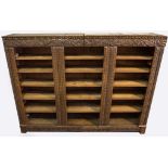 Victorian carved oak open bookcase, egg and dart cornice, scrolling acanthus frieze,