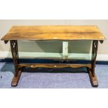 Walnut side/altar table, wavy outline top on trestle base, the ends pierced with shaped crosses,