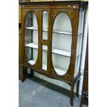 Edwardian inlaid mahogany display cabinet, the fascia painted with rose and ribbon garlands,