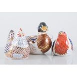 Three Royal Crown Derby paperweights, Duck, Hen, Robin, with gold stoppers.