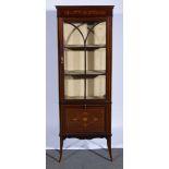 Edwardian inlaid mahogany china cabinet, glazed door enclosing fixed shelves, square tapering legs,