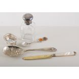 George III silver gilt dessert knife with mother of pearl handle,