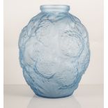 French frosted blue glass vase, Art Deco style, moulded with chrysanthemums, height 23cm.