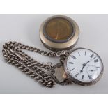 Silver open faced pocket watch, white enamel dial with roman numeral chapter ring,