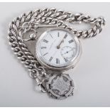 English silver cased pocket watch, open face, enamel dial with Roman numerals,