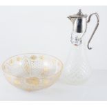 Cut-glass bowl highlighted in gilt, cocktail shaker, tray and claret jug, (4).