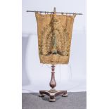 Victorian mahogany pole screen, with silk needlework peacock design banner, height 123cm.