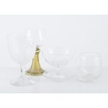 Set of six cut glass pedestal champagnes; pair of old hobnail glass wines, and other glassware,