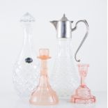 Two boxes of decorative glassware, to include Bohemia decanter, other decanters, claret jugs,