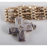 9 carat yellow gold five bar gate link bracelet with padlock fastener, a small gold cross,