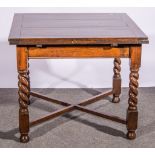 Oak draw-leaf dining table, barley twist legs, 91cm wide, 90cm deep, 76cm high.