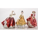 Six Royal Doulton figurines, "Coralie", HN2307, "Top O' the Hill", HN1834, "Lesley", HN2410, "Gail",