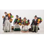 Four Royal Doulton balloon figures, "The Old Balloon Seller" HN1315, "The Balloon Man" HN1954,