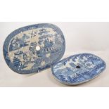 Two blue and white transfer printed ware drainers, willow pattern 33cm x 23cm,