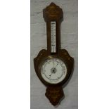 Mahogany cased aneroid banjo barometer/thermometer, inlaid case in the Adam style, 19cm dial,