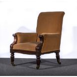 Victorian mahogany armchair, upholstered in fawn dralon, forward facing scrolled arms,