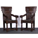 Pair of Restoration style stained wood elbow chairs, 20th century,