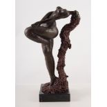 Reproduction bronze figure "Girl with Red Hair", on black marble effect square base, 34cm high.