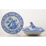 Collection of blue and white transfer printed ware, lidded tureen, plates, some by Rogers,