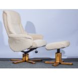 Upholstered swivel rocker chair and stool, (as new), (2).