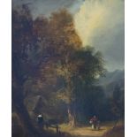 Cottage scene in a wooded landscape, with two figures, oil on board, 22 x 15cm, gilt framed.