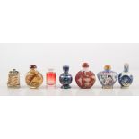 Seven small perfume bottles/snuff bottles, ceramic, glass, enamel.