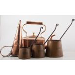 Copper helmet-shaped coal-skuttle, with a swing handle, 36cm, kettle, cider measures, brass tray,