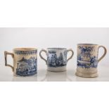 Three Staffordshire blue and white transfer printed ware mugs,
