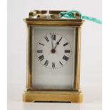 French time piece carriage clock, white enamel dial with roman numeral chapter ring,