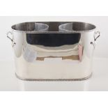 Silver-plated two bottle wine cooler, plain polished oval cooler with a gadroon edge.