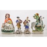 Pair of Continental porcelain figures with flower baskets and game, 16cms,