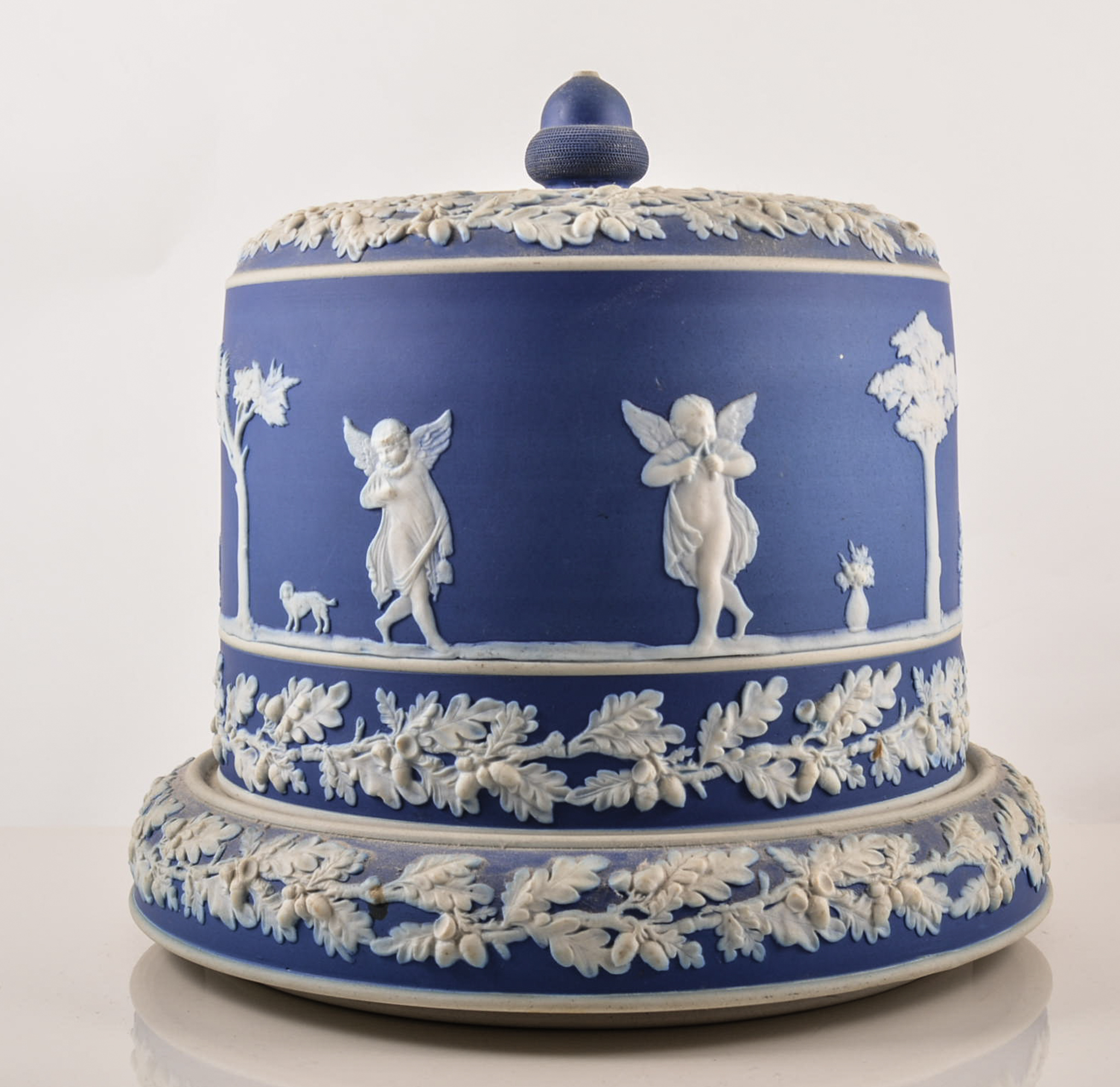 Wedgwood blue and white "Jasperware", stilton cheese dome and base, height 26cms.