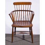 Set of stick back arm chairs, stained beech, bar backs above turned spindles, boarded seat,