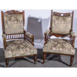 Victorian carved walnut gentleman's armchair, upholstered figured velour and a similar lady's chair,
