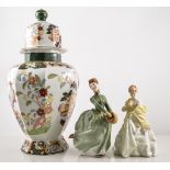 Royal Doulton toilet water jug, decorated with flowers, 27cm, a Mason's lidded jar 40cm, (damaged),