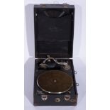 An old black box table top gramophone, Mayfair Deluxe model, 42cm.