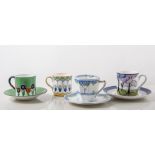 Shelley china trio, abstract tree design, saucer cracked, two pottery trios, coffee cans,