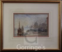 Early 19th century English Schoolwatercolour,The Thames at Billingsgate at low tide,6.25 x 9.75in.