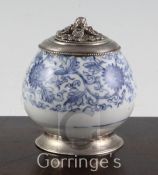A Chinese blue and white pot, 16th century, later silver mounted as an inkwell, the oviform body