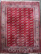 A Bokhara carpet, with field of ninety polygons on a red ground, with multi row border, 11ft 7in