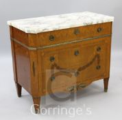A Louis XVI style gilt metal mounted and marquetry three drawer commode, with grey veined white