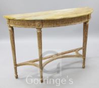 An Adam style giltwood demi lune console table, with simulated marble top, W.4ft 2in.