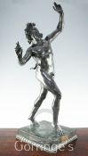 After the antique. A modern green patinated bronze model of a dancing faun, on square plinth base