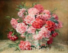 Léonie Louppe (1869-)oil on canvas,Still life of carnations in a vase,signed, label verso,13 x