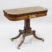 A Regency brass inset rosewood card table, with square stem and downswept legs, W.3ft