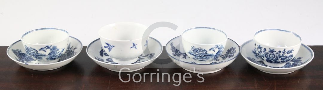 Four Worcester blue and white tea bowls and saucers and a similar 'Mansfield' pattern sparrowbeak