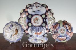 Four Japanese Imari scalloped dishes by Fukagawa, early 20th century, 14cm - 28.5cm.