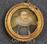 17th century English Schooloil on lead plaque,Miniature of a gentleman wearing a ruff collar,3in.